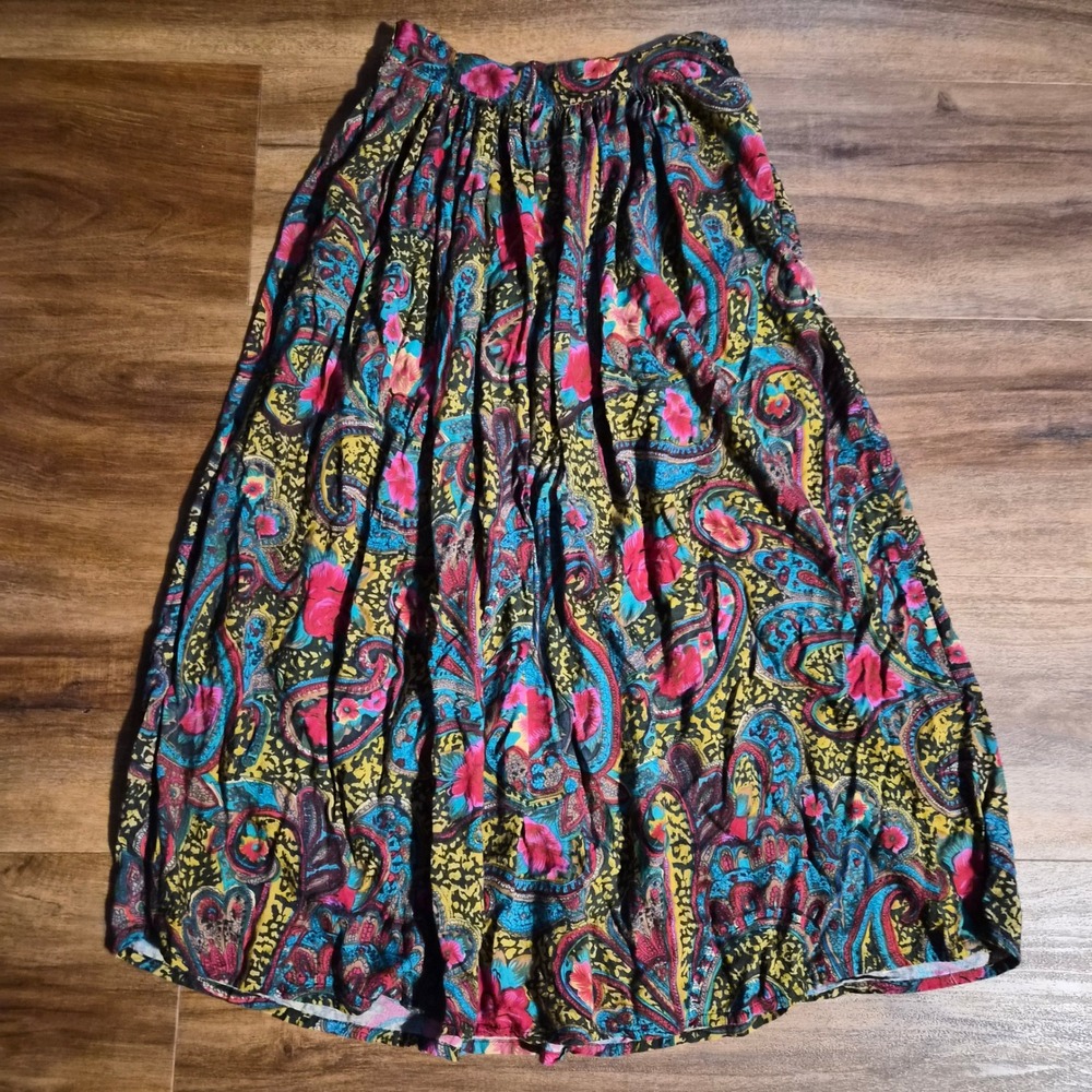 Pioko Vintage Paisley Floral Maxi Skirt Womens Small Rayon Boho Teal Pink Black